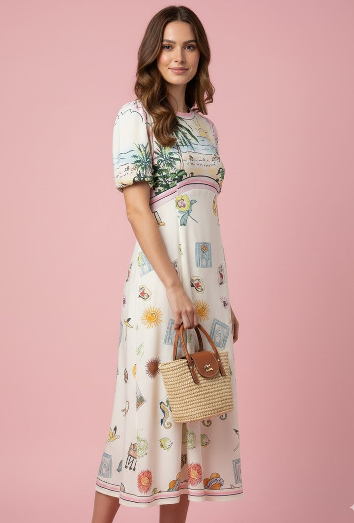 White Puff Sleeve Abstract Print Dress