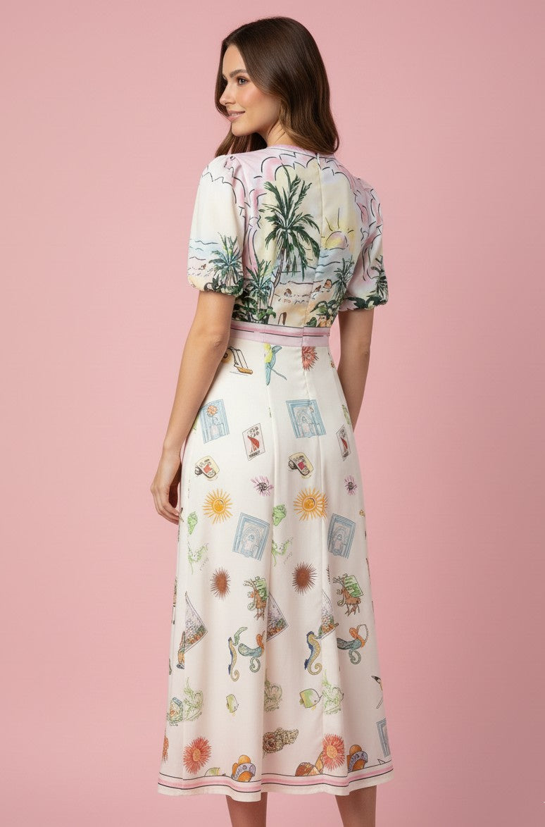 White Puff Sleeve Abstract Print Dress