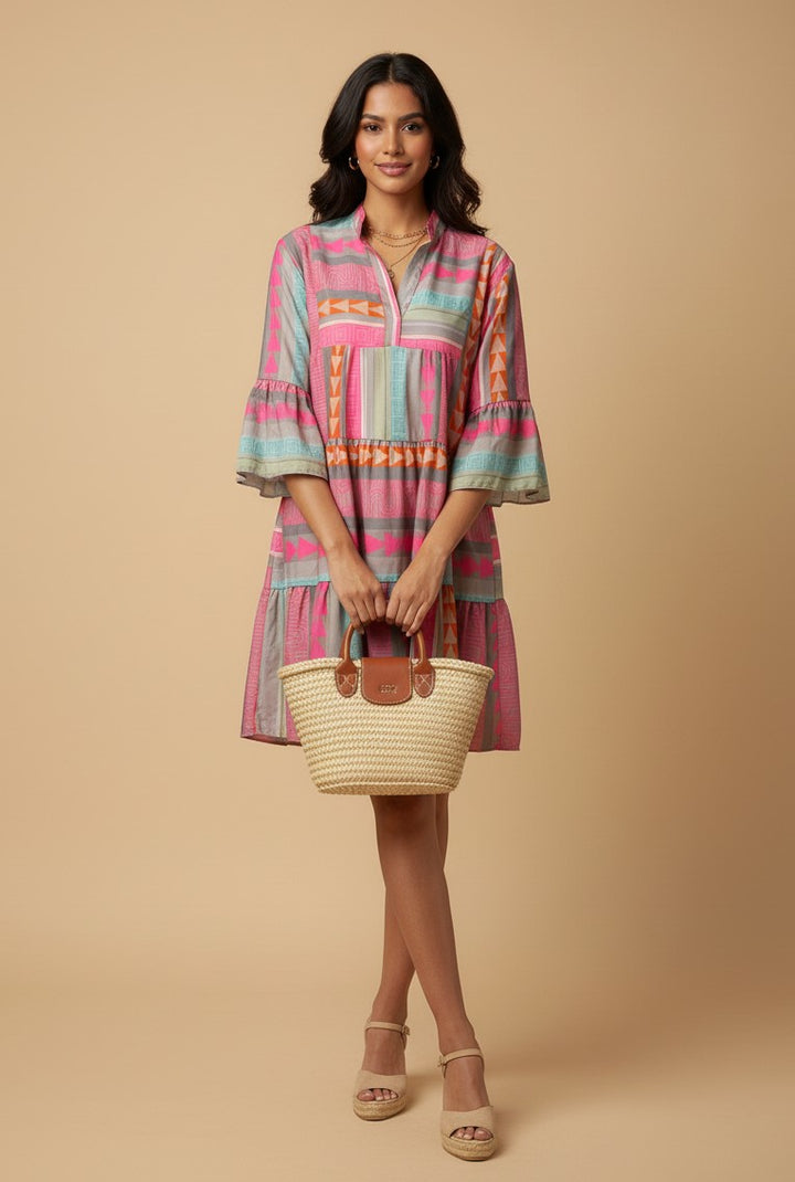 Multi Ruffle Sleeve Front Button Dress