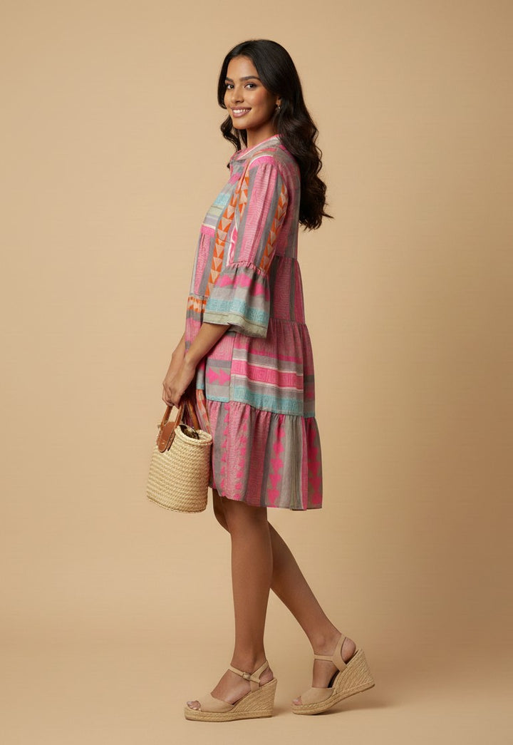 Multi Ruffle Sleeve Front Button Dress