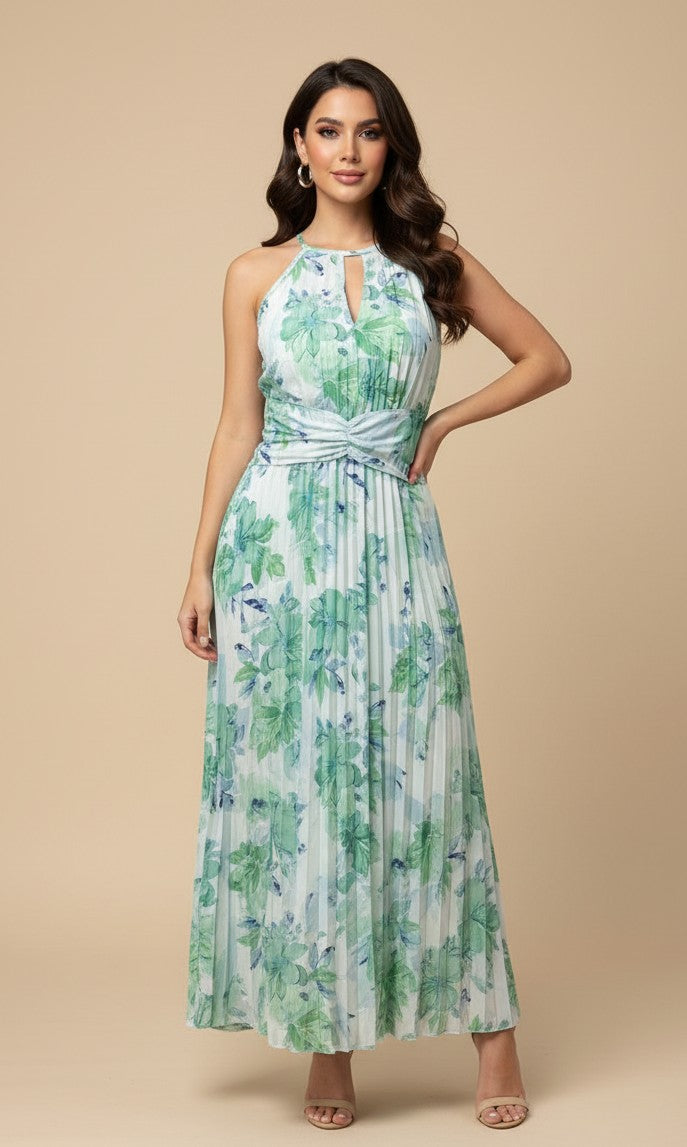Green Halter Neck Flared Dress