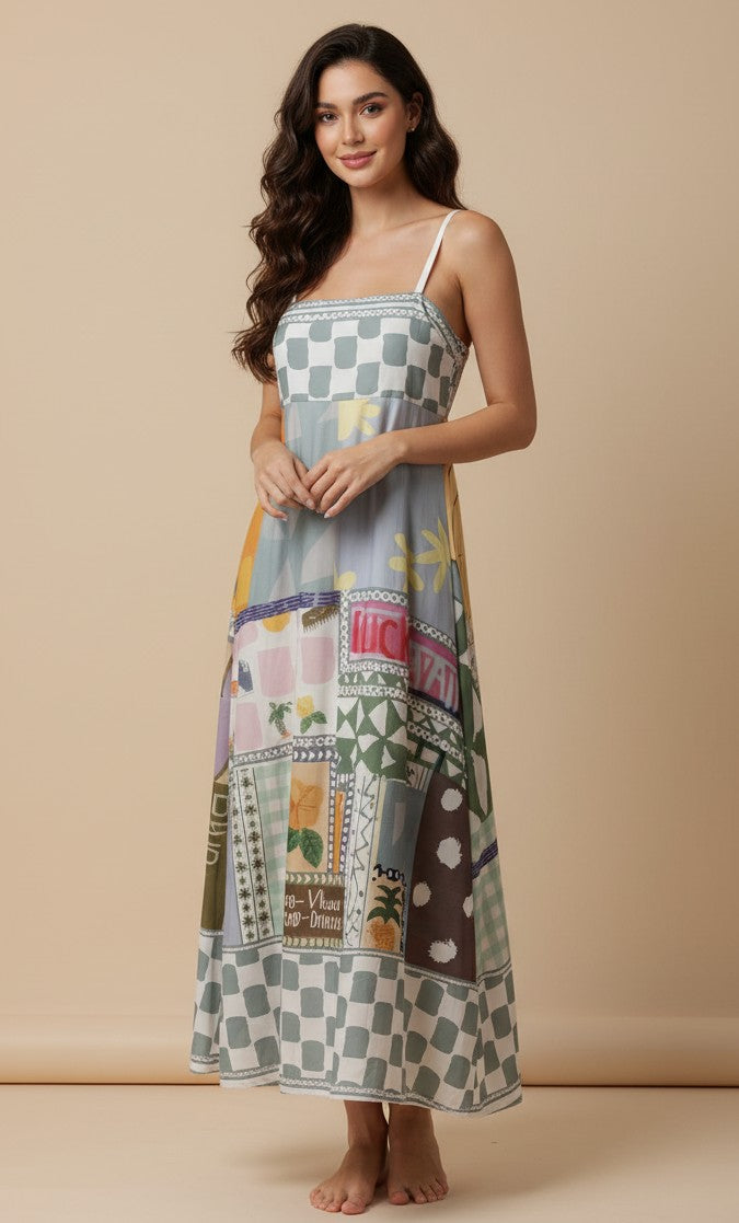 Multi Abstract Print Spaghetti Strap Flared Dress