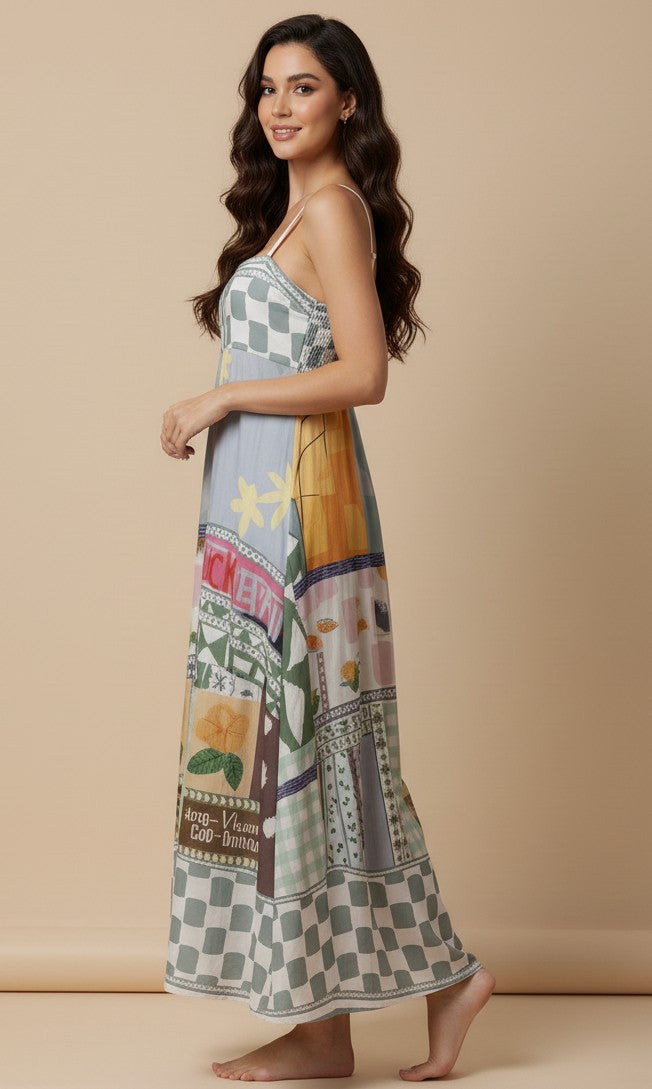Multi Abstract Print Spaghetti Strap Flared Dress