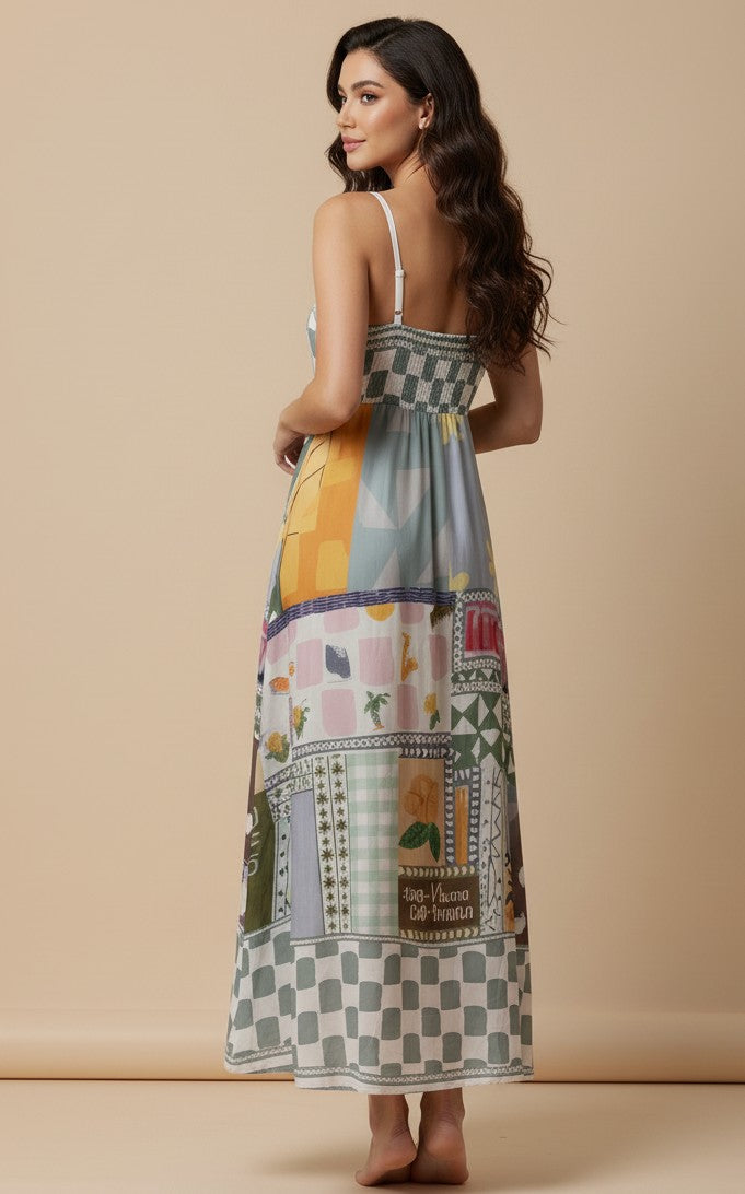 Multi Abstract Print Spaghetti Strap Flared Dress