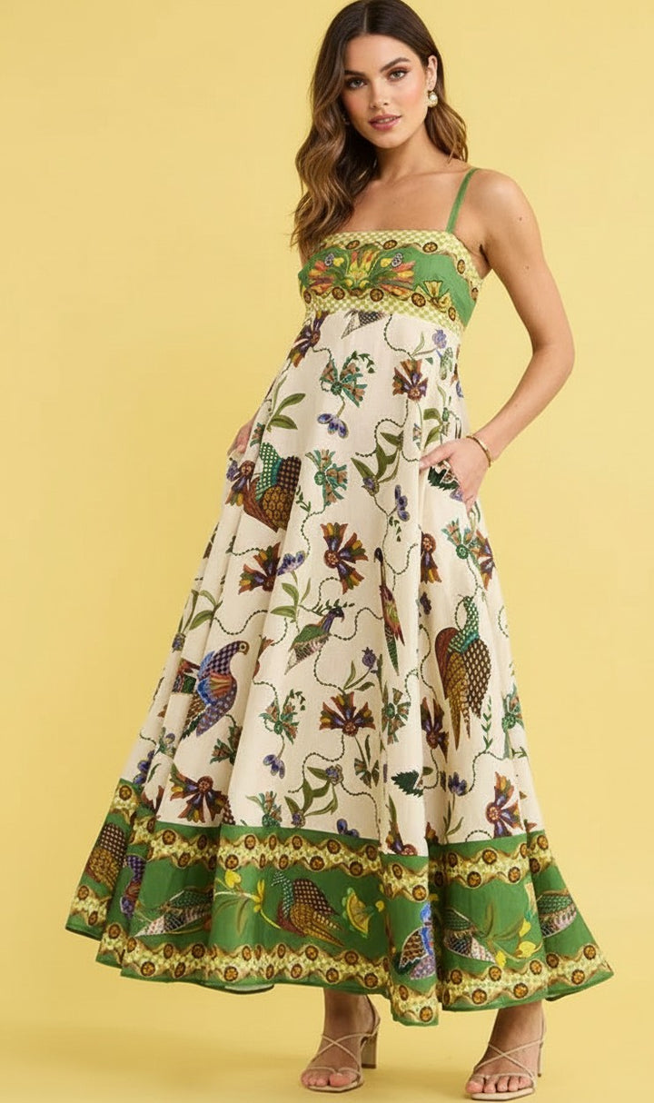 Multi Floral Print Spaghetti Strap Flared Dress