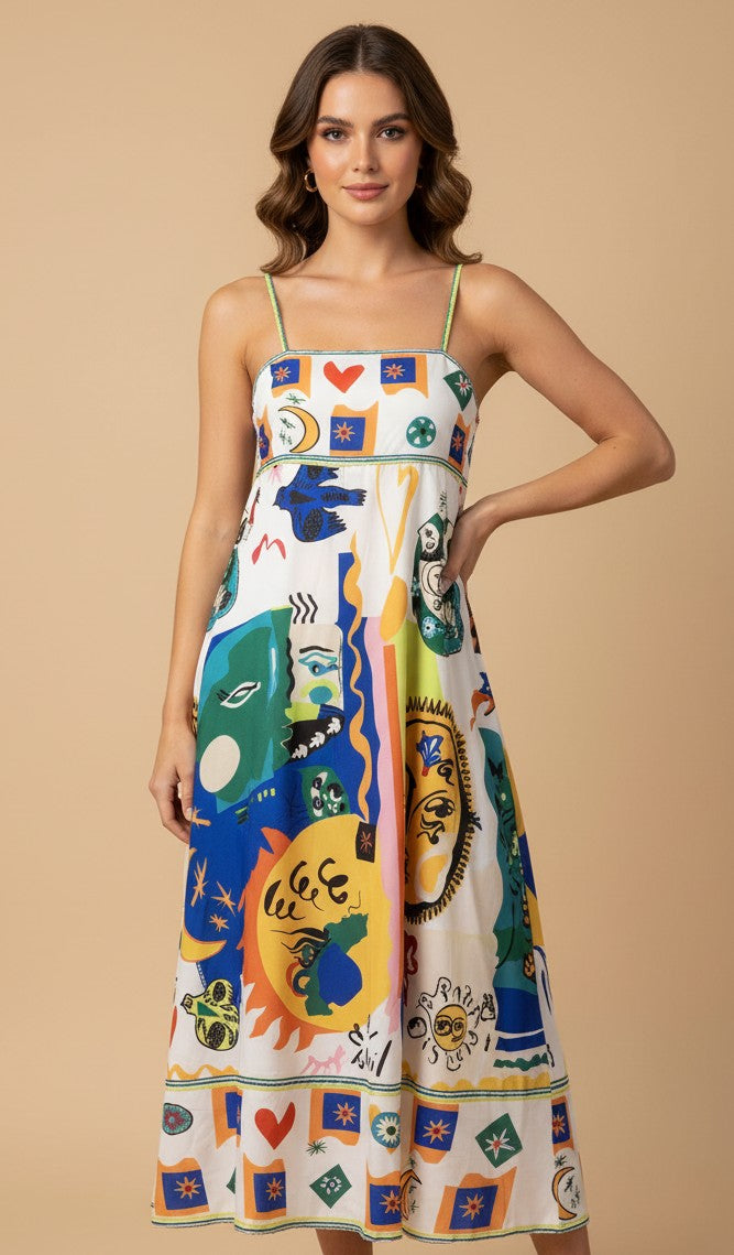 Multi Abstract Print Spaghetti Strap Flared Dress