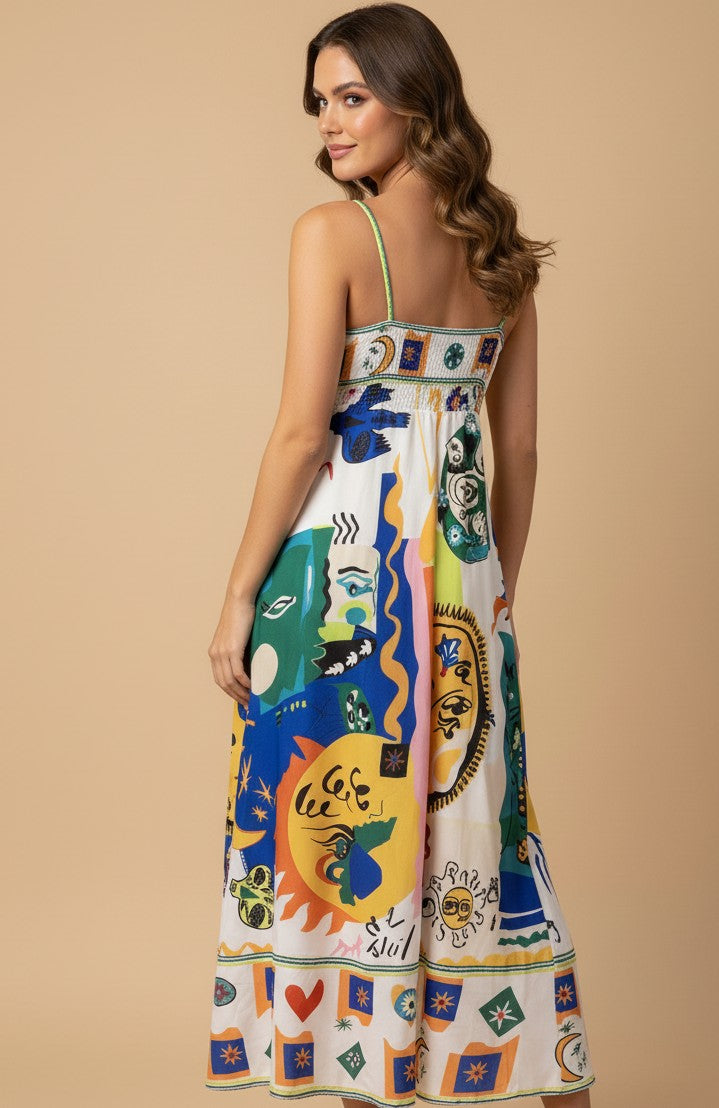 Multi Abstract Print Spaghetti Strap Flared Dress