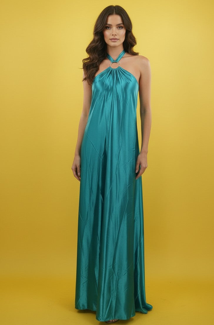 Blue Halter Neck Flared Dress