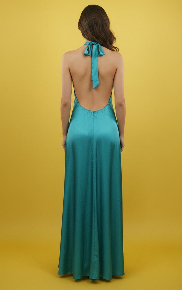Blue Halter Neck Flared Dress