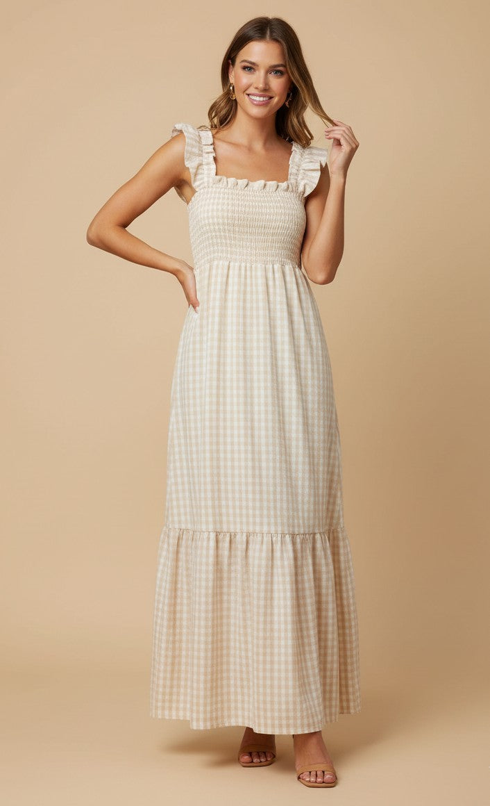 Beige Short Sleeve Smocked Dress