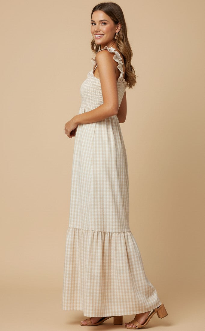 Beige Short Sleeve Smocked Dress