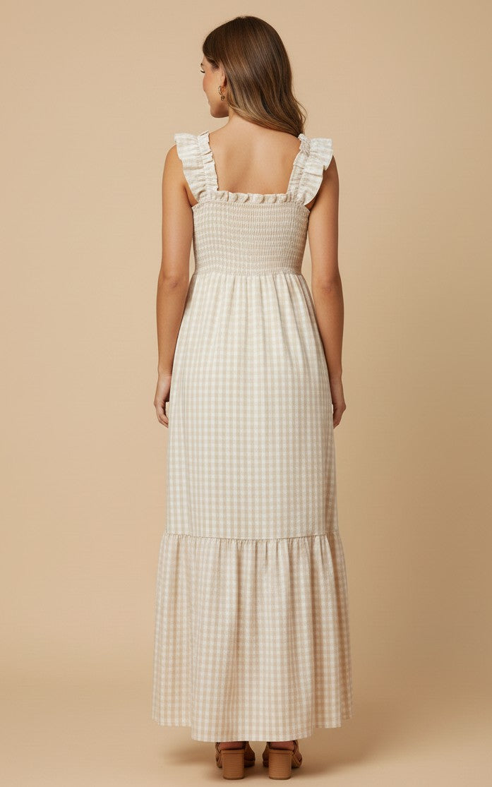 Beige Short Sleeve Smocked Dress