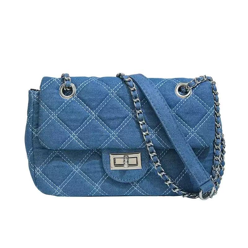 Light Blue Quilted Denim Chain Flap Bag