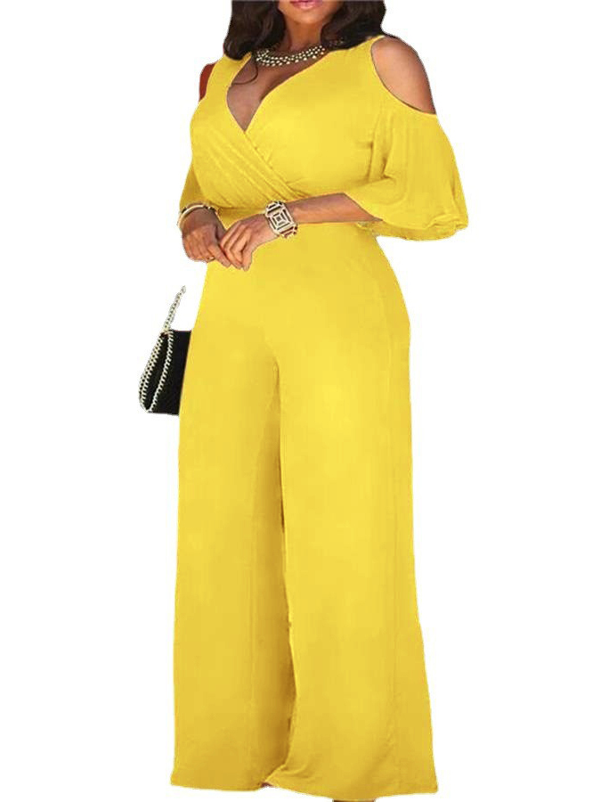 Yellow Cold Shoulder Plunge Neck Jumpsuit