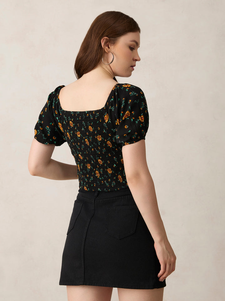 Black Fitted Top with Smocking Detail