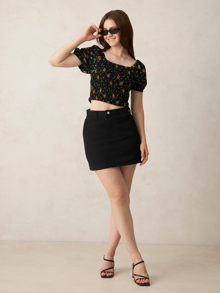 Black Fitted Top with Smocking Detail