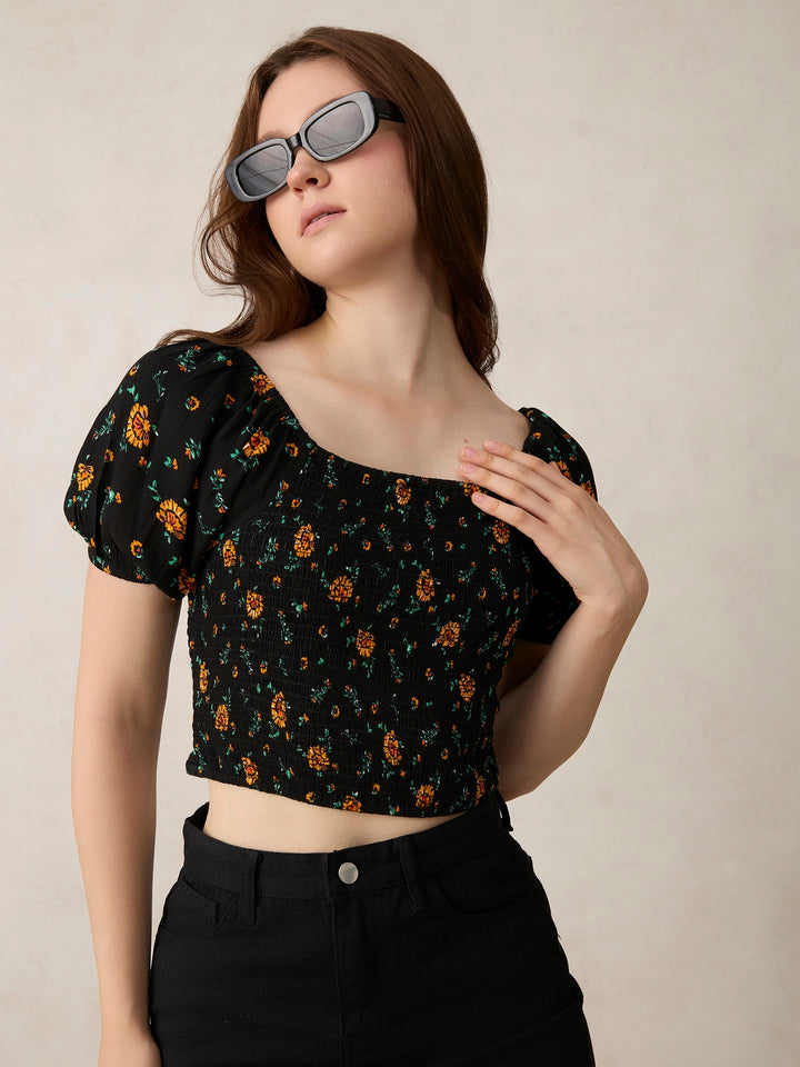Black Fitted Top with Smocking Detail