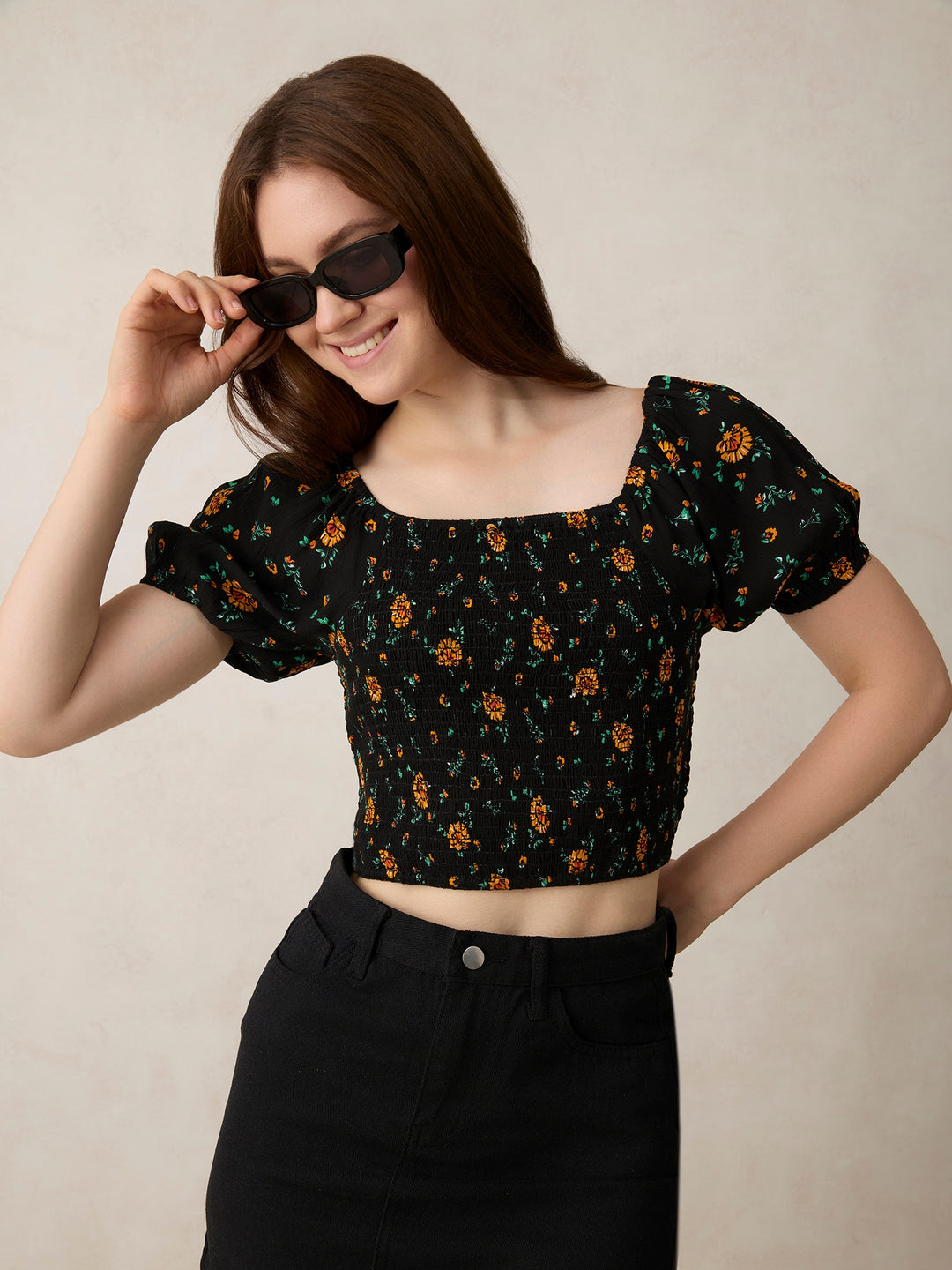 Black Fitted Top with Smocking Detail