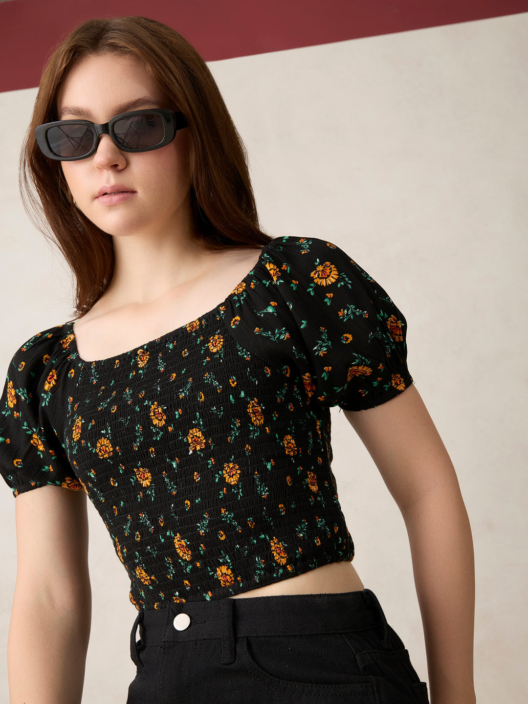 Black Fitted Top with Smocking Detail