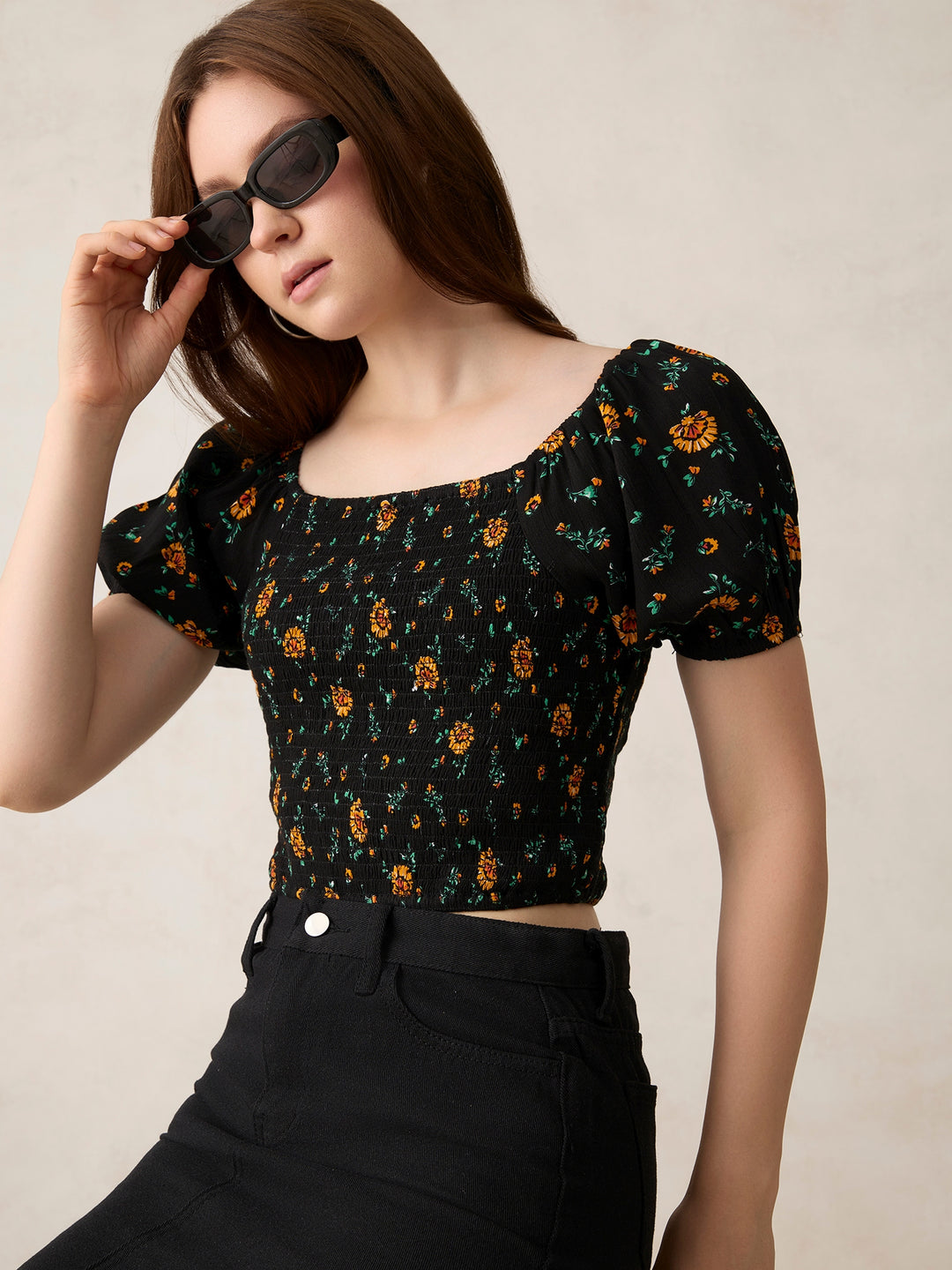 Black Fitted Top with Smocking Detail