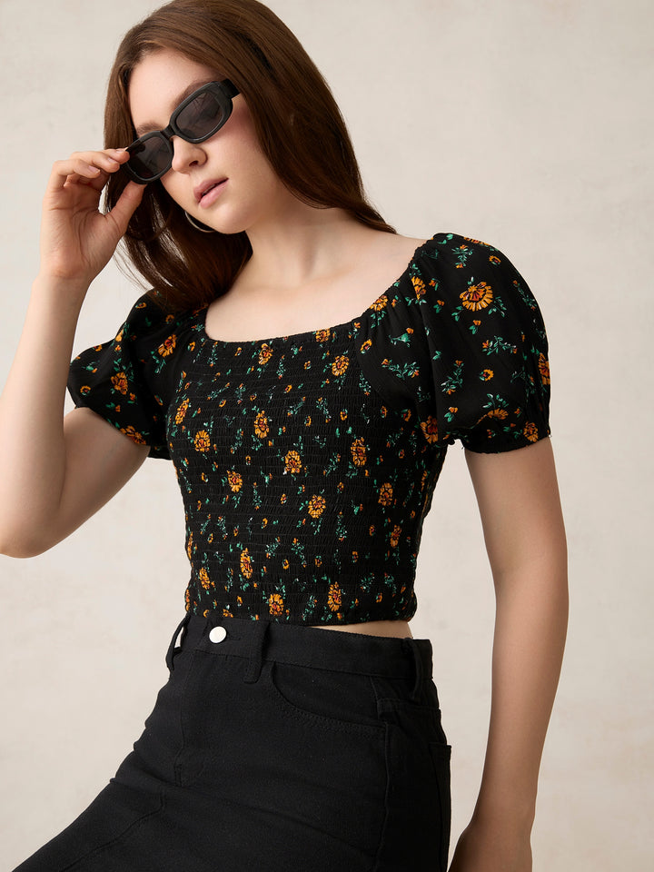 Black Fitted Top with Smocking Detail