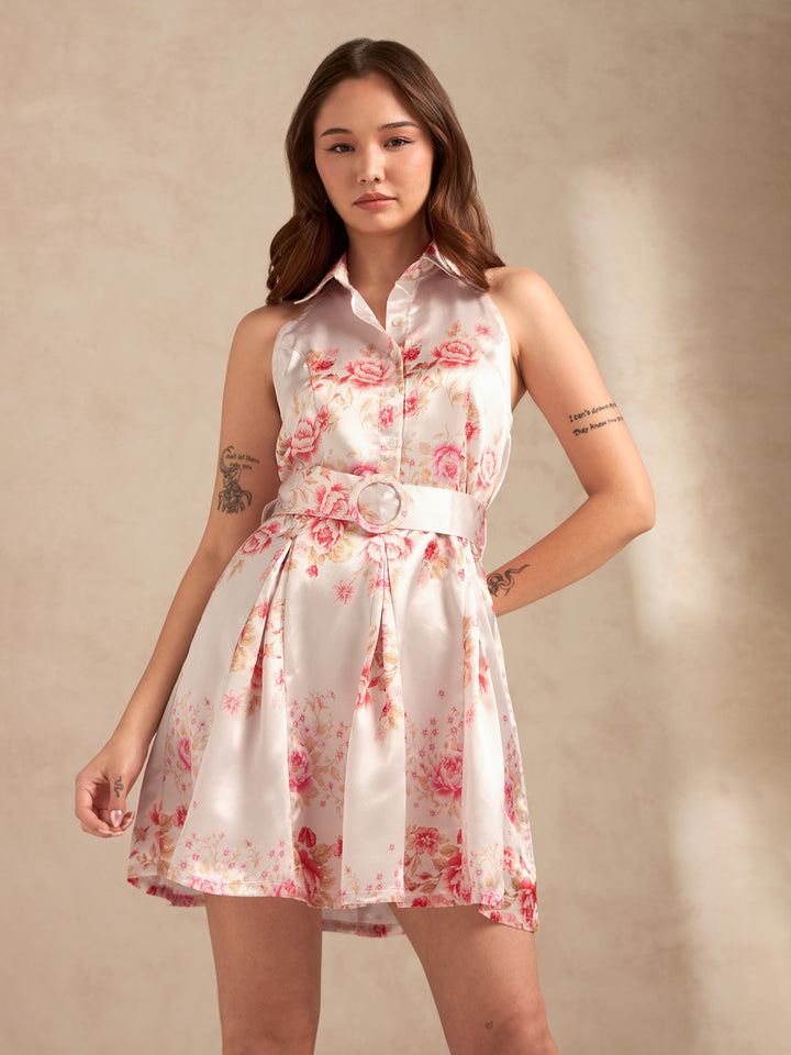 Pink Printed Flared Dress With Halter Neck And Belt Detail
