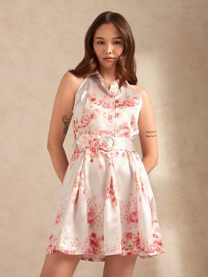 Pink Printed Flared Dress With Halter Neck And Belt Detail