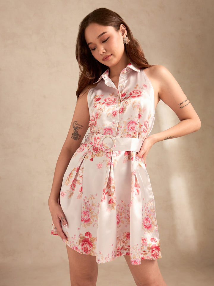 Pink Printed Flared Dress With Halter Neck And Belt Detail
