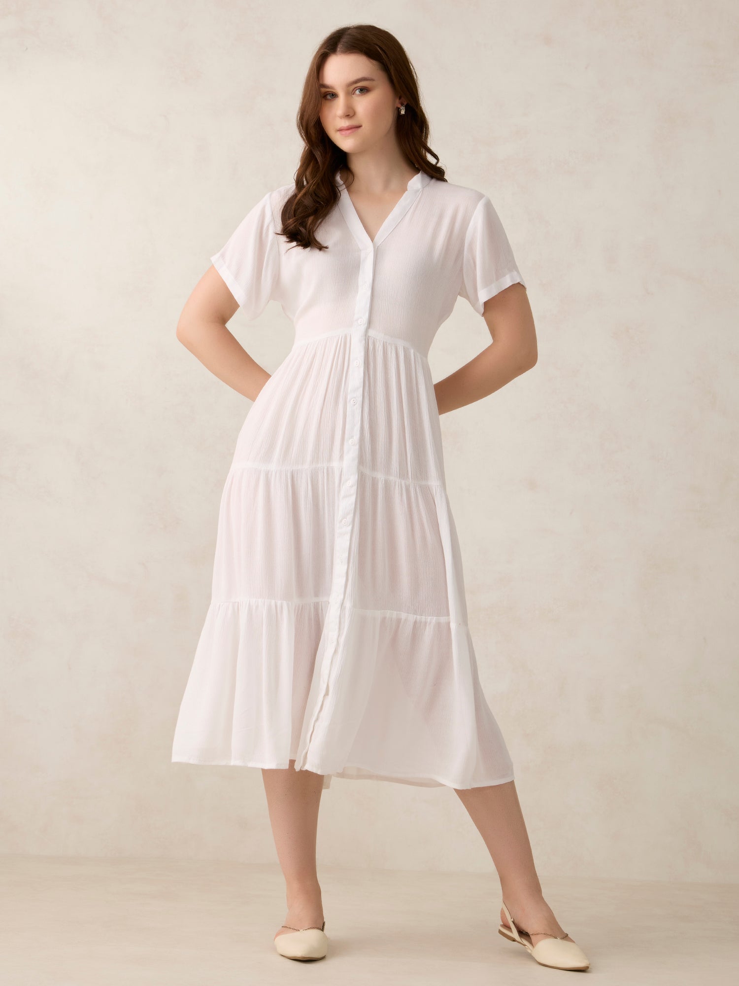 White Button Down Tiered Midi