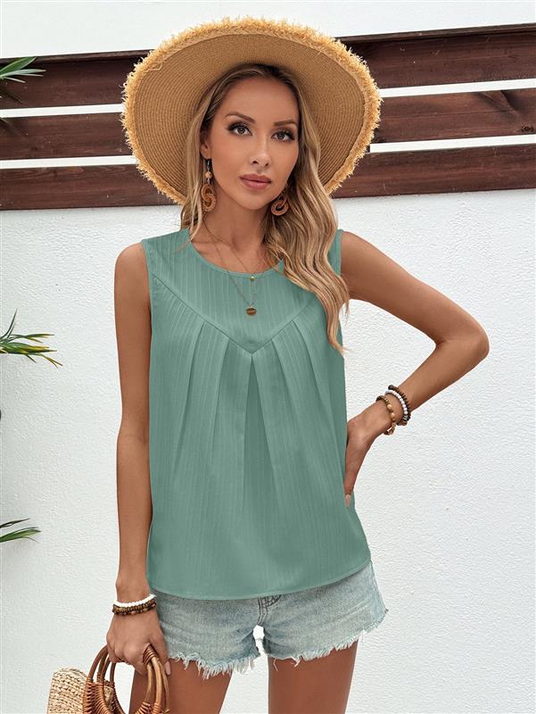 Green Round Neck Front Pleated Top