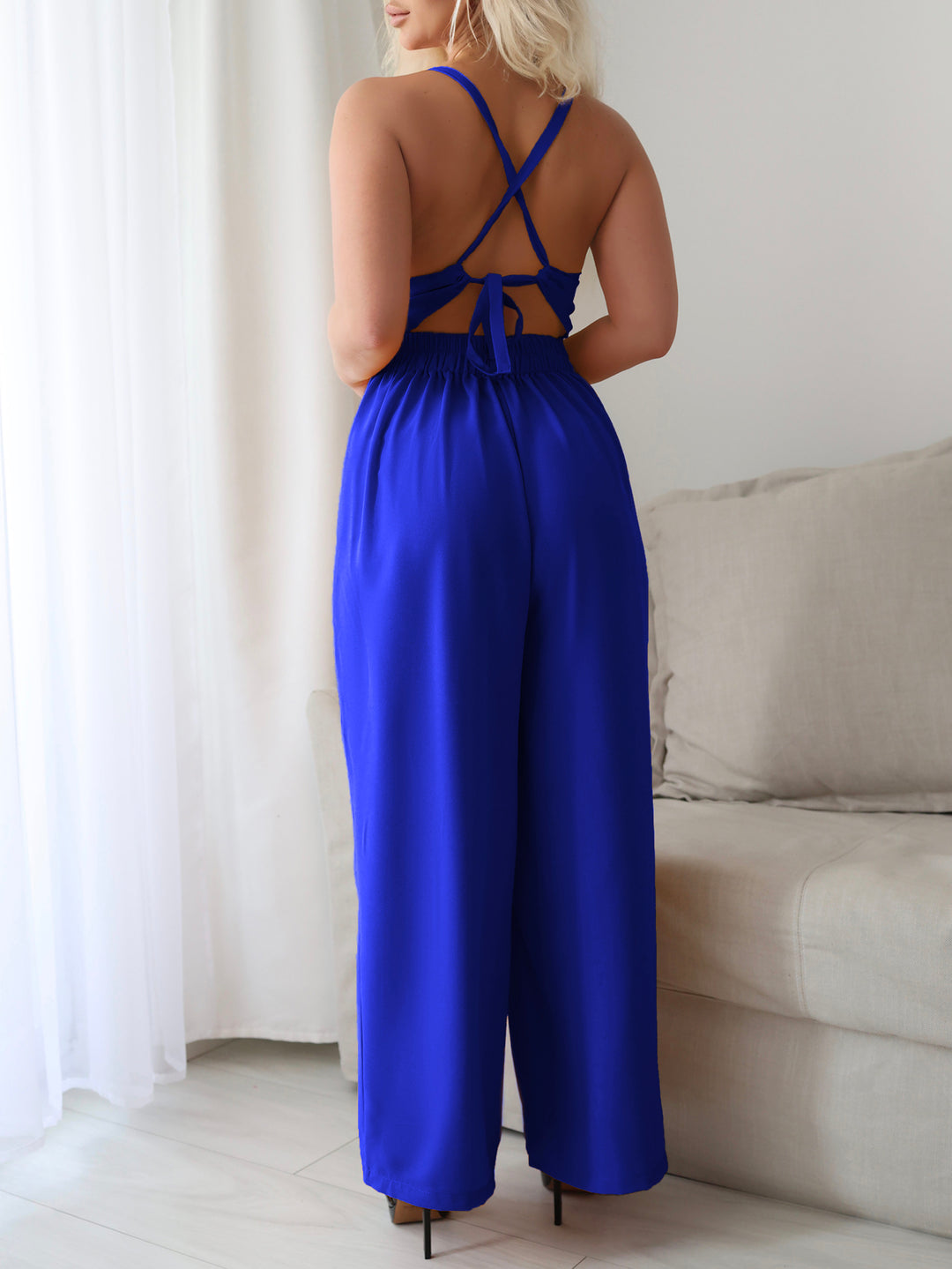 Blue Halter Neck Sweetheart Neckline Jumpsuit