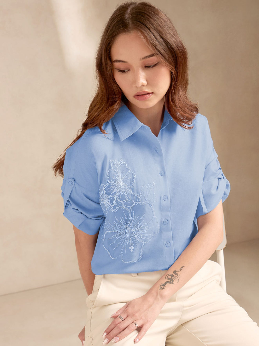 Blue Floral Embroidered Applique Shirt