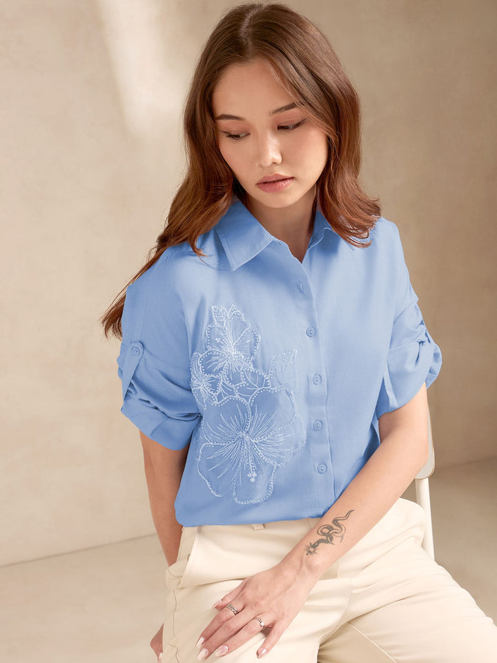 Blue Floral Embroidered Applique Shirt