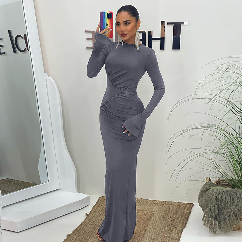 Grey High Necked Bell Sleeved Fitted Dress