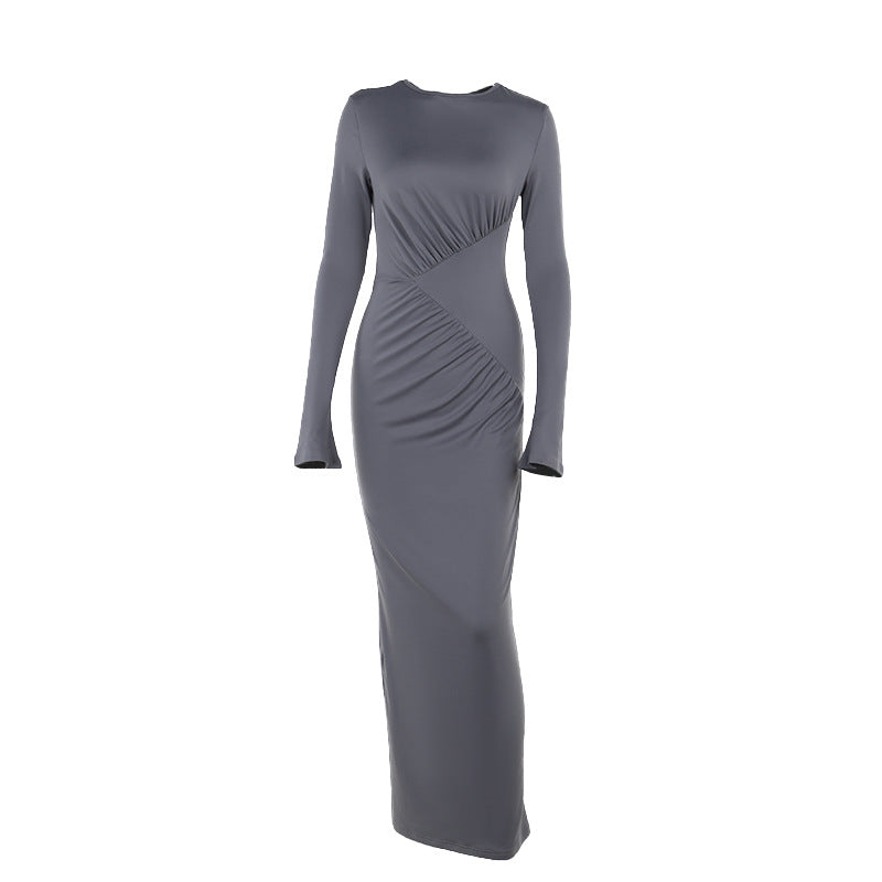 Grey High Necked Bell Sleeved Fitted Dress