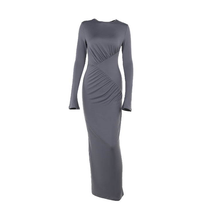 Grey High Necked Bell Sleeved Fitted Dress