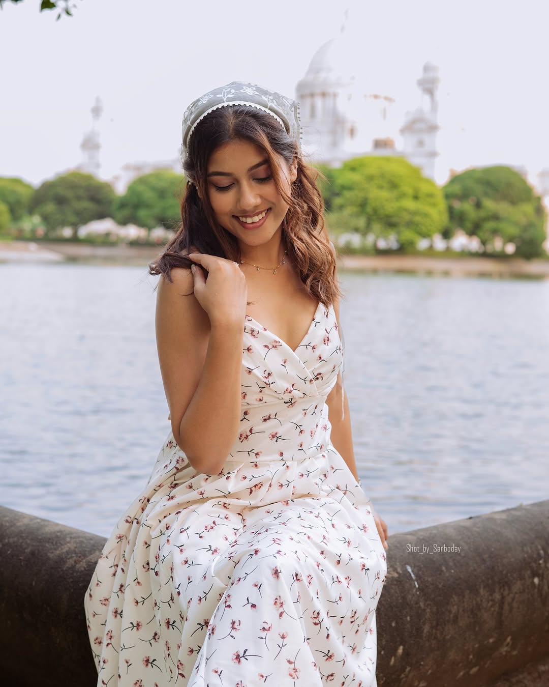 Off White Halter Dress With Floral Motif
