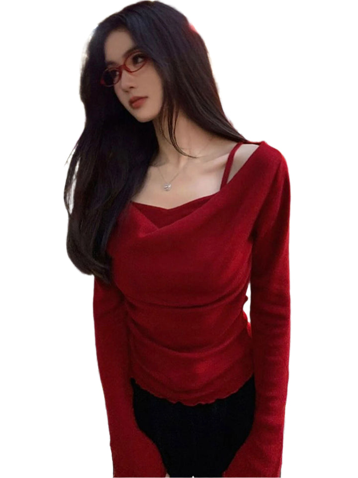 Red Cowl Neck Bell Sleeves Top