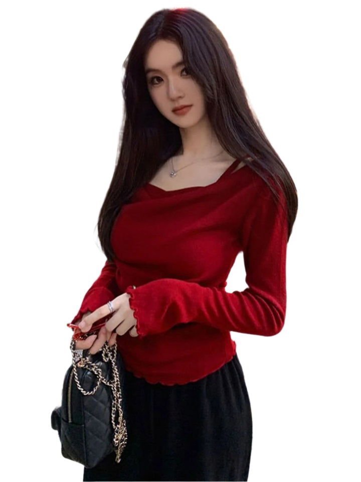 Red Cowl Neck Bell Sleeves Top