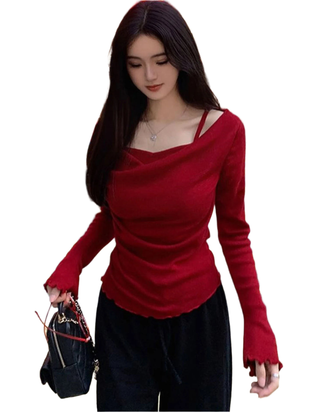 Red Cowl Neck Bell Sleeves Top
