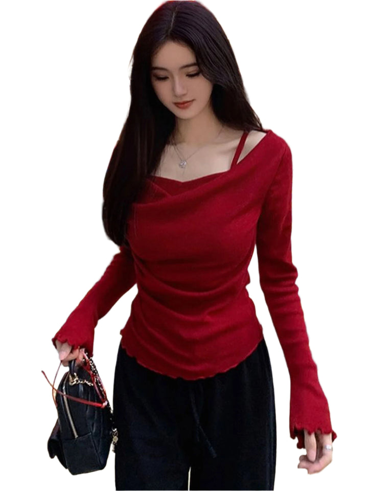 Red Cowl Neck Bell Sleeves Top