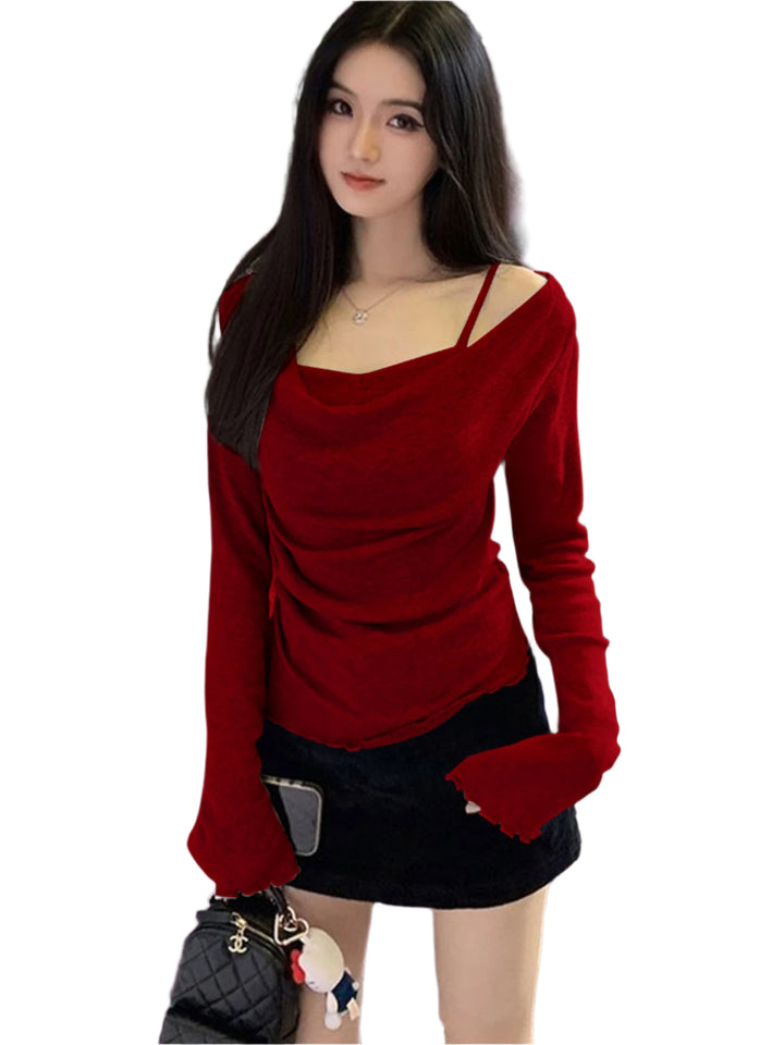 Red Cowl Neck Bell Sleeves Top