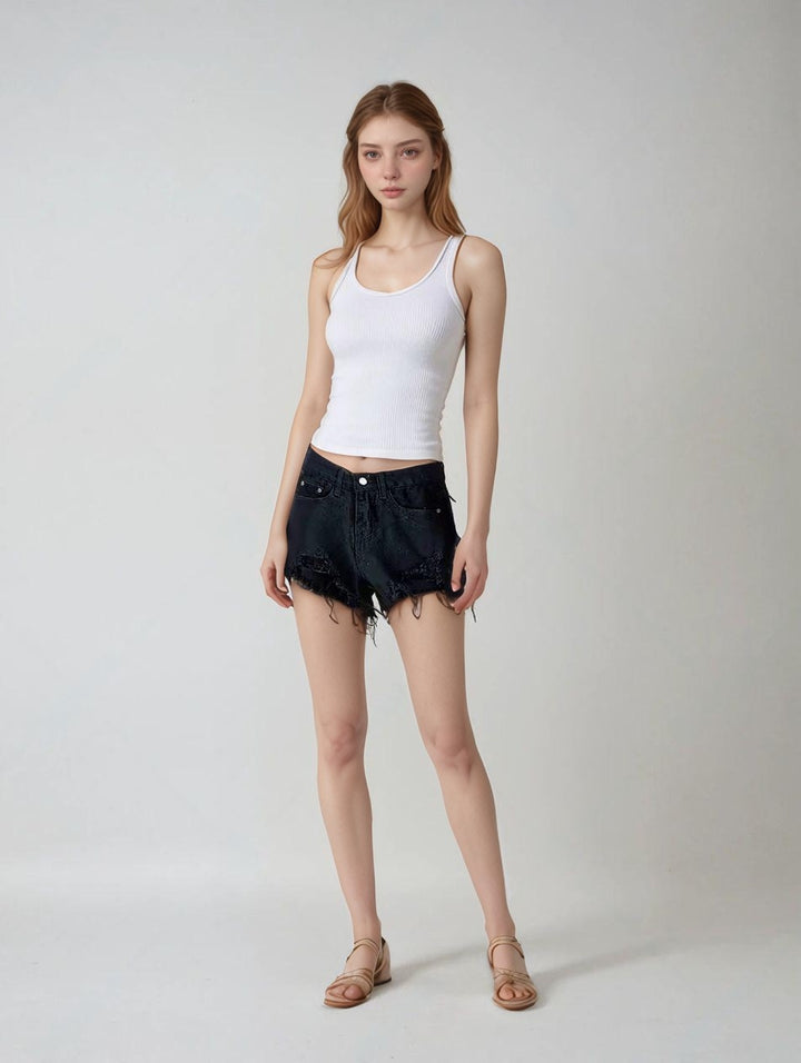 Solid Black Freyed Denim Shorts