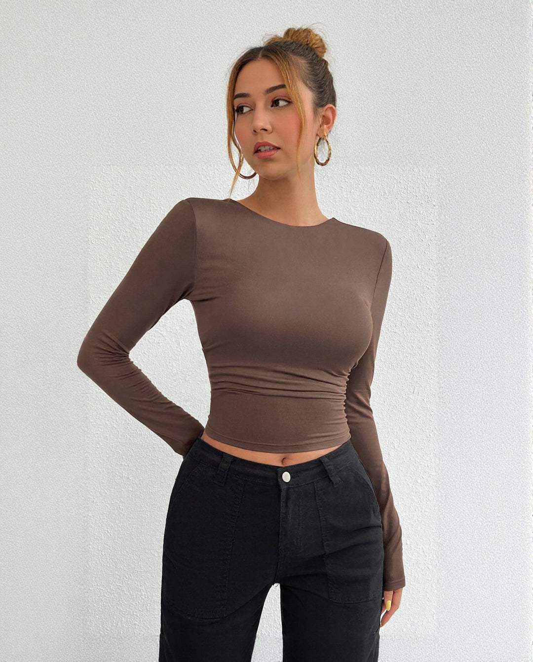 Brown Cropped Fitted Full Sleeve Tshirt