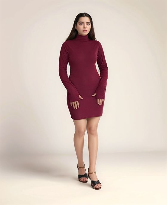 Wine High Neck Bodycon Mini Dress