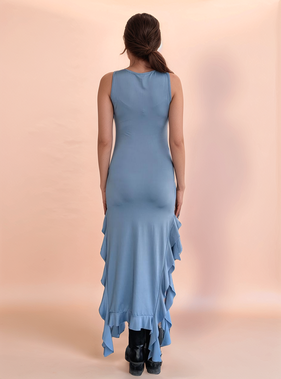 Blue Ruffled Slit Maxi Dress