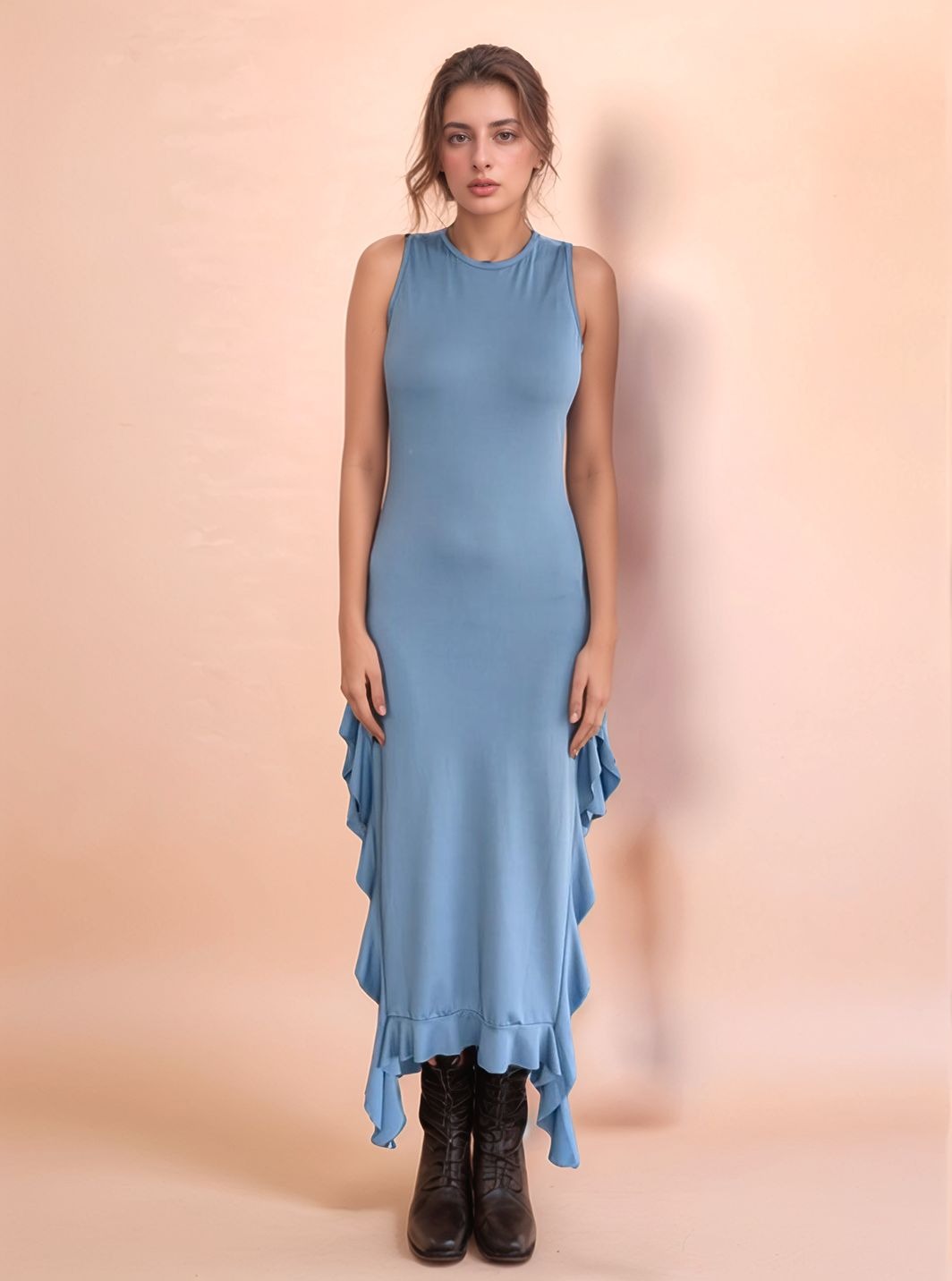 Blue Ruffled Slit Maxi Dress