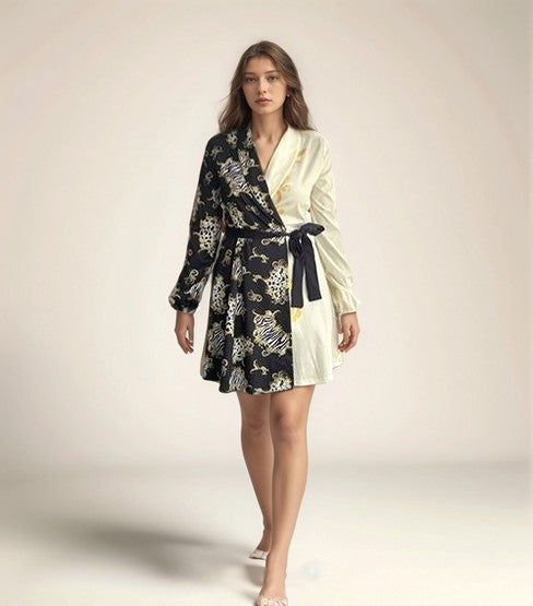 Printed Wrap Black Dress With Shawl Collar