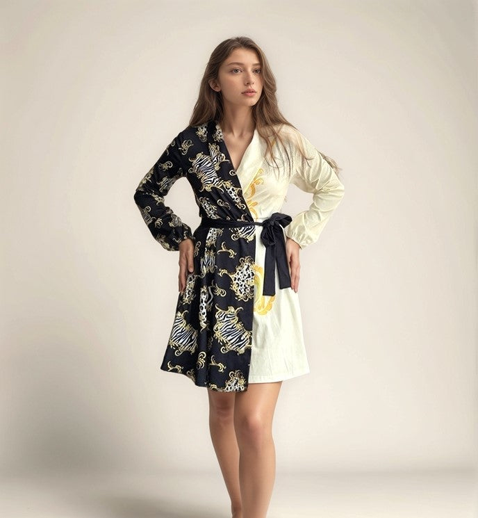 Printed Wrap Black Dress With Shawl Collar