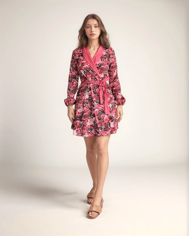 Printed Wrap Pink Dress With Shawl Collar